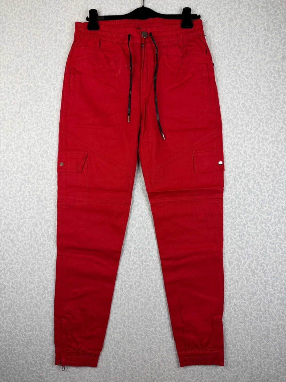 Cordova collab Diamond Men Red Jogger windbraker Pants Multi Pockets Zip Ankle L